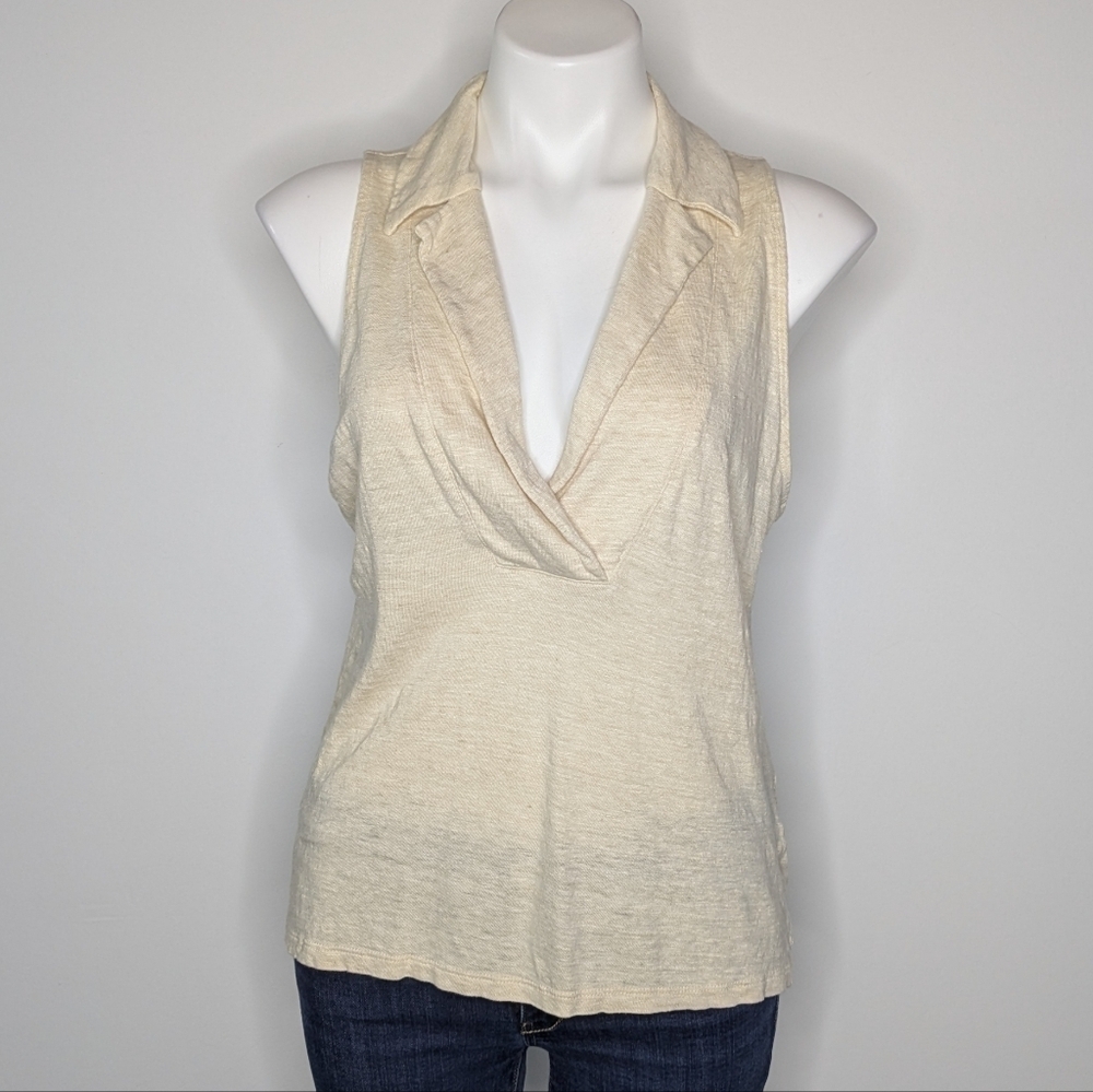 Banana Republic Linen Cream Collared Sleeveless V Neck Tank Top L